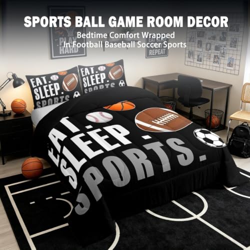 Image of Feelyou Twin Size Sports Comforter Set Boys Girls Bedding Set for Sports Lover Gift Ultra Soft Football Soccer Basketball Baseball Quilt Breathable Lightweight Microfiber Black Ball Game Room Decor