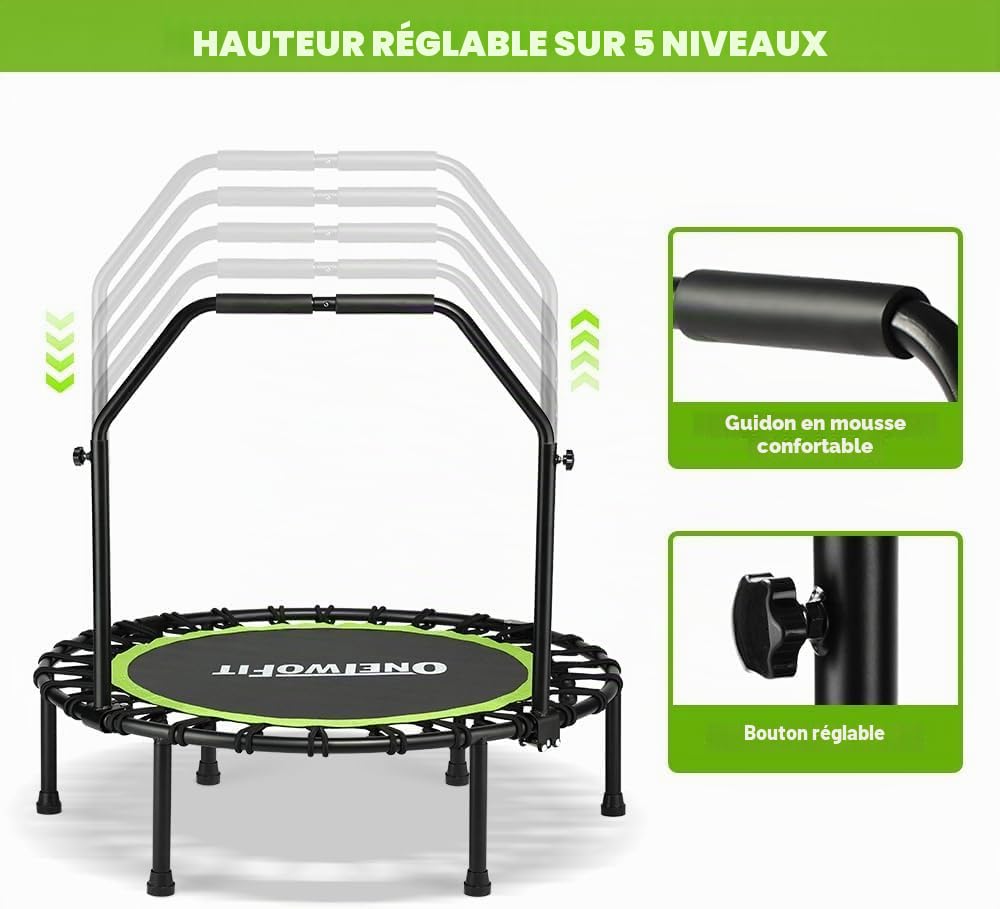 ONETWOFIT Trampoline Pliable pour Adulte, 101/107/114 cm Mini Trampoline de Fitness avec poignée en Mousse réglable, Bungees, Exercice Silencieux pour l'intérieur Personnel