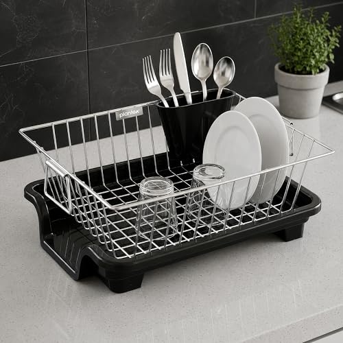 Image of Plantex Dish Drying Rack /Stainless Steel Dish Drainer with Drainer Tray for Kitchen /Vessel Drainer Basket for Utensils /Plate Drying Rack - Chrome (39 X 31.5 X 15 Cm)