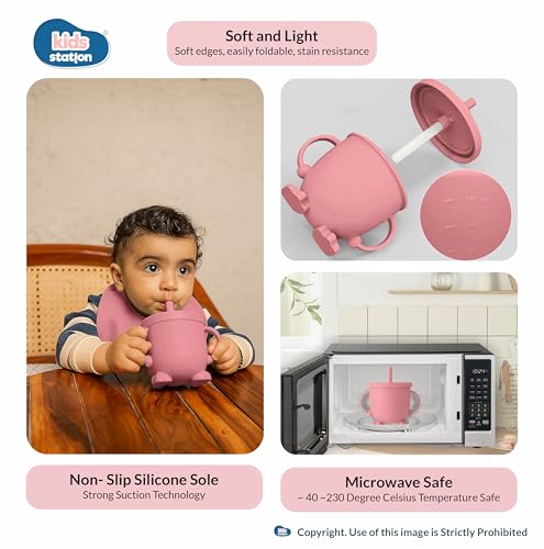 Image of Kids Station 8-Piece Silicone Baby Feeding Set | Suction Bowl, Plate, Bib, Cup, Spoon & Fork | 100% Food Grade BPA-Free Silicone | Non-Slip, Easy to Clean (Pack of 8, Dark Pink)