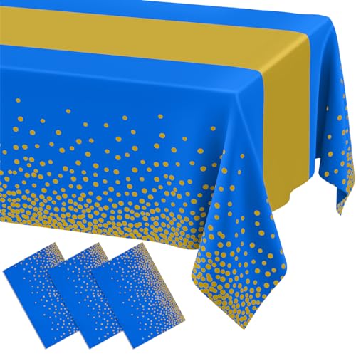 Image of Smiry Plastic Table Cloth Disposable 3 Pack, 54 x 108 Inch Rectangle Waterproof Tablecloth, Printed Gold Table Runner Style for Birthday Weeding, Party Decorations, Leakproof & Sturdy, Blue and Gold