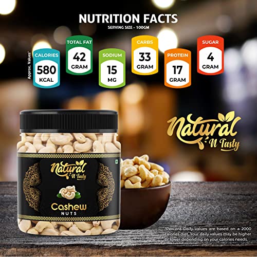 Image of Natural 'n Tasty Premium Whole Cashew Nuts, Crunchy Kaju, Rich in Protein, Vacuum Packed, Healthy Dry Fruit Snack (500g)