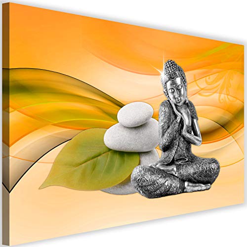 Feeby Tableau sur Toile Bouddha Moderne Image Zen Cailloux Feuille orange 60x40 cm