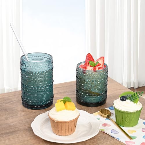 Image of ZMOWIPDL Drinking Glasses Set of 12,Blue 12oz & 15oz Hobnail Glass Cups | Vintage Glassware,Embossed Water Tumbler,for Beer,Cocktail,Whiskey,Juice and Various Mixed Drinks- 1 Cleaning Brush