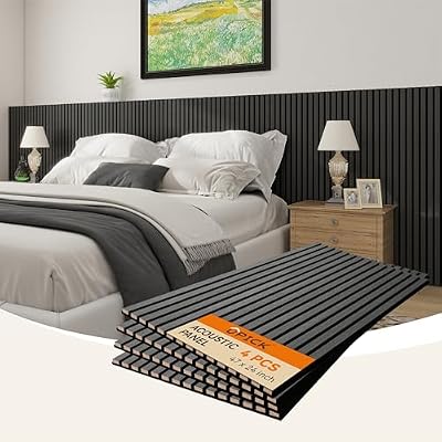 Upick Acoustic Wall Panels Sound Absorbing, 4 Pack 48 x 24 inch Sound Proof Foam Wall Panels & Wood Slat Wall Panels for Interior Wall Decor (Matte Black)