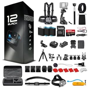 Go Pro HERO12 (Hero 12) Black – with 50 Piece Accessory Kit and 2 Extra Batteries + 64GB Card – Waterproof Action Camera – 5.3K HDR, 27MP Photos, 1/1.9″ Sensor, Live Streaming, Webcam, Stabilization