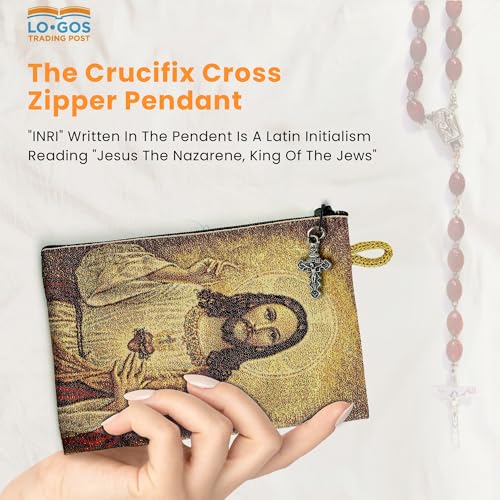 Image of Catholic Rosary Pouch, 4 inch x 6 inch Jewelry & Coin Purse with Cross, Small Woven Tapestry Icon Bag, Bolsa de Rosario Catolico para Joyeria, Sacred Heart of Jesus & Immaculate Heart of Mary, 4 inch x 6 inch