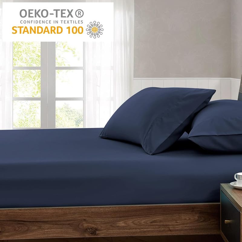 Image of Amazon Brand - Umi Cotton Feel Glace Cotton Fade Resistant Elastic Fitted Queen Size Bed Bedsheet with 2 Pillow Covers Fits Upto 8 inches Mattress, Size- 60x72x10 Inches, Blue
