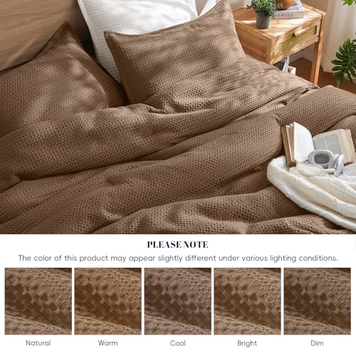 Image of PHF Soft Waffle Comforter Set King Size- Comfy Breathable Waffle Weave Comforter with 2 Pillow Shams, 3 Pieces Less Snagging Lightweight Textured Bedding Set for All Season, Mocha