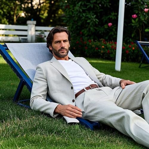 Men 2 Pieces Summer Suit Set Linen Fabric Slim Fit Casual Formal Notched Lapel Wedding Outfit Groomsmen3