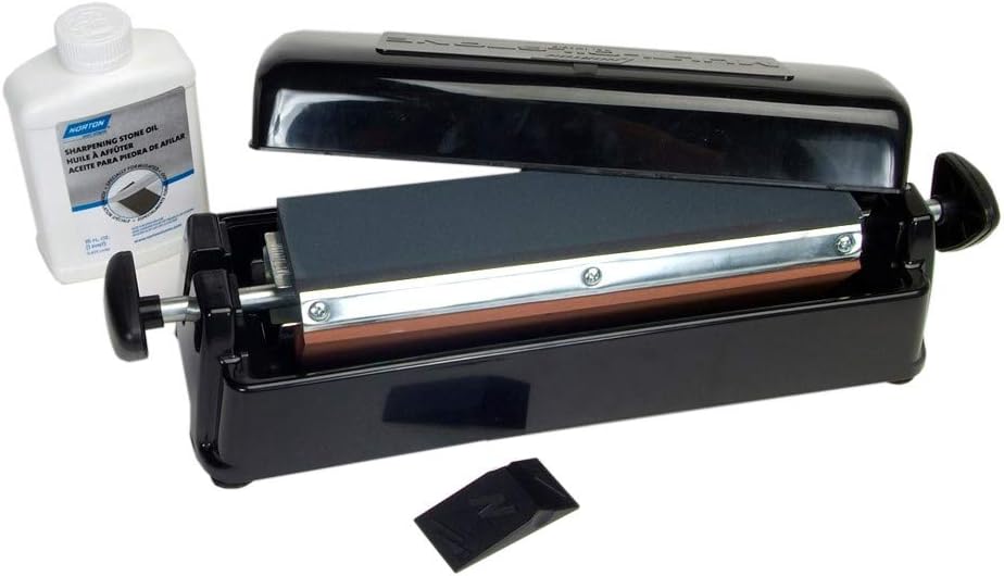 Norton IM313 Multi-Oilstone Sharpening System-Tri Stone Kinfe Sharpener, Stone oil, Plastic angle guide, and reservoir non-skid bottom. Used for Kitchen Knives, Scissors, most professional tools