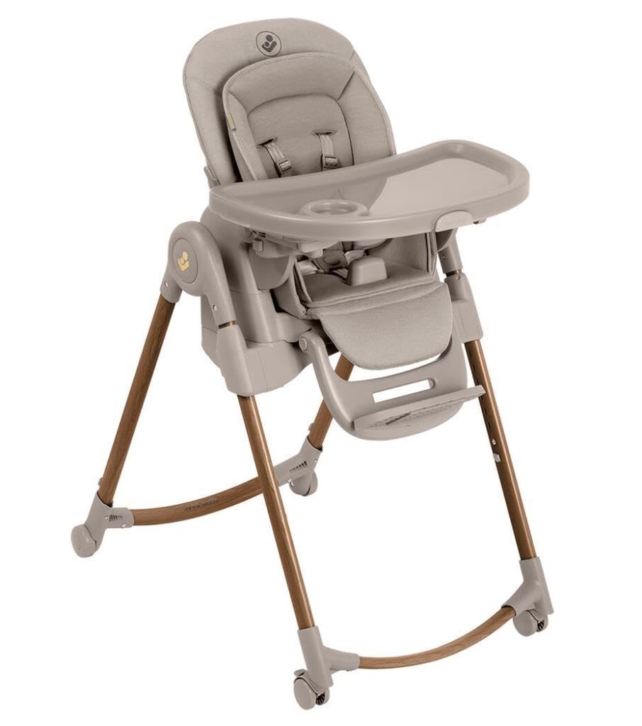 Maxi-Cosi Minla Plus, chaise haute évolutive de 0 à 14 ans (0–60 kg), avec plateau pivotant à une main, 4 roues, 9 hauteurs, 5 inclinaisons, pliable compact, Elegance Beige.