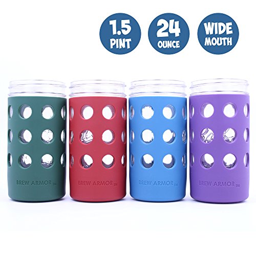 Silicone Mason Jar Protector Sleeve (2 Pack) | Fits Ball, Kerr 24oz (1.5 pint) Wide-Mouth Jars | Thickest Silicone Sleeve | Microwave & Dishwasher Safe | For Coffee, Tea and Smoothies (Blue)