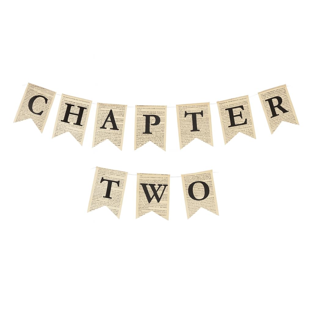 Photo 1 of Chapter Two Book Garland Banner – Vintage Book Page Chapter 2 Party Decoration for Second Birthday | Baby Shower & Storybook Theme Events | Reading Club Decor | Single Side Printed |