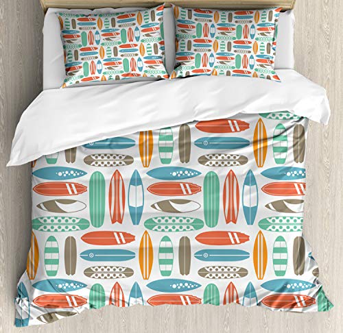 Ambesonne Surfboard Duvet Cover Set, Colorful Surfing Sea Pattern with Summer Travel Illustration in Retro Colors, Decorative 3 Piece Bedding Set with 2 Pillow Shams, Queen Size, Coral Orange