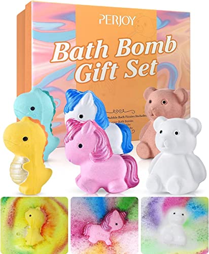 Perjoy Bath Bombs For Kids Girls & Boys, 6 Organic Bubble Bath Kids Bath Bombs, Rainbow Unicorn Dinosaur Bath Bombs For Kids, Birthday Gifts, Party Favors, Christmas Stocking Stuffers For Kids #TOP11