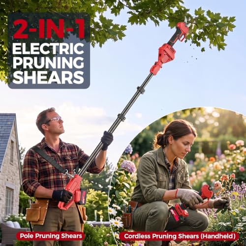 Image of 2-in-1 Electric Pruning Shears Cordless with Pole, 2.4 inch Cutting Diameter Pole Pruning Shears, Brushless Motor, Extra Blade, 2 * 4Ah Batteries, 9Ft Reach, 2 Modes Pruning Shears for Tree Flower