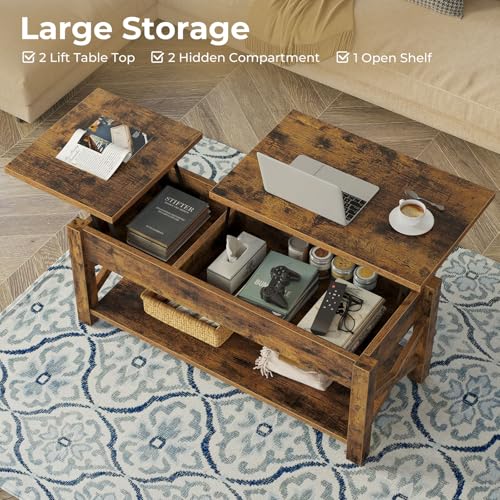 Rolanstar Coffee Table, 47.2" Lift Top Coffee Table with Hidden Compartment, 2 Way Lift Top Coffee Table with Open Shelf & X Wooded Support, Farmhouse Center Table for Living Room, Rustic Brown - Image 5