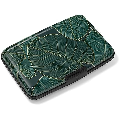Rimilak Aluminuml Credit Card Holder, Mini Credit Card Wallet RFID Blocking Slim Metal Hard Case for Women Men, Green Plants Cover