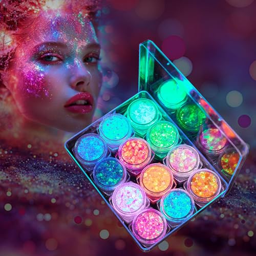 Purpurina fluorescente de 12 colores, brillo corporal, brillo festival, gel brillante para arte de uñas y cuerpo, cara, pelo, decoración de ropa, lentejuelas femeninas y accesorios para festivales