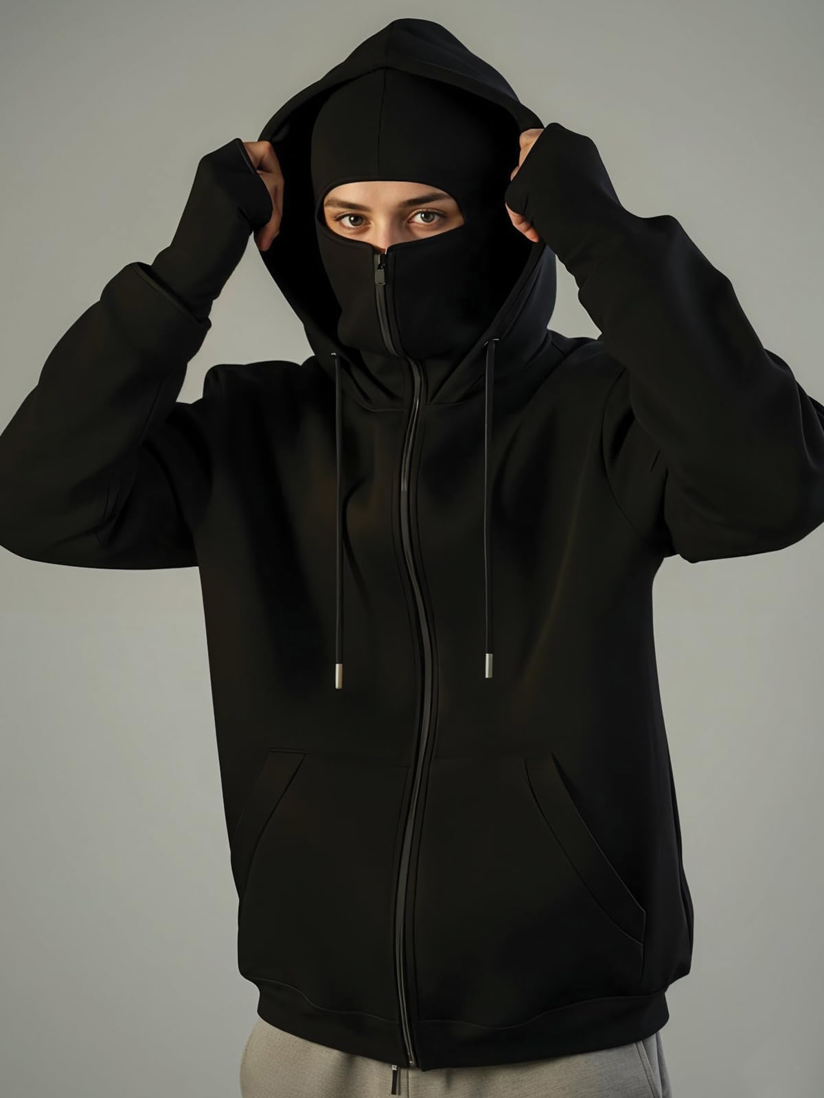 ADRO Cagoule pour homme, 320 g/m², coton doux, fermeture éclair, manchon avec trou pour le pouce, gants, veste de voyage avec capuche, sweat d'hiver