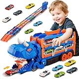 Jumkeet Dinosaurier LKW Spielzeug für Kinder ab 3 Jahren, Transporter Zum Schlucken mit 157cm Faltbarer Rennstrecke und 6 Mini Auto, Aufbewahrungsfunktion, Fahrzeug Sets Geschenk für Jungen Mädchen