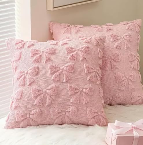 Pink Bow Pillow Case – 1 PC Soft Plush Faux Fur Cushion Cover, Decorative Pillowcase with Bow Design for Bed, Sofa, Home, Indoor/Outdoor, Holiday & Aesthetic Décor
