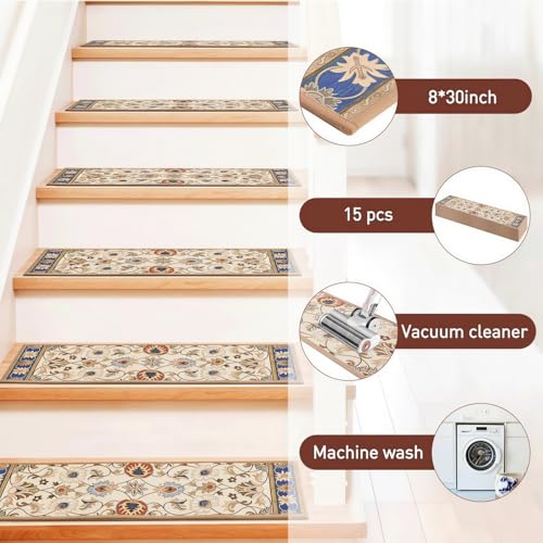 GIB Stair Treads for Wooden Steps Indoor, 15 Pack 8" X 30" Non Slip Carpet Stair Treads with Reusable Adhesive for Kids Elders and Dogs, Boho Vintage Oriental Stair Runner, Ivory by GIB cleaningtool - Used condition - Image 4