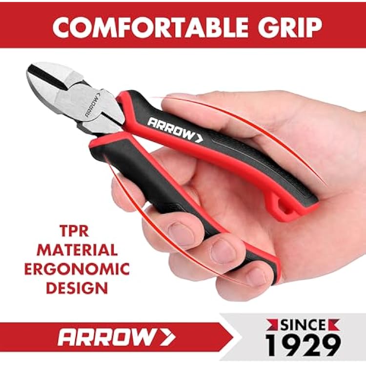 ARROW High Leverage Diagonal Pliers, 6 Inch Wire Cutters with Comfortable TPR Handle, High Carbon Steel Side Cutters for Cutting Wire