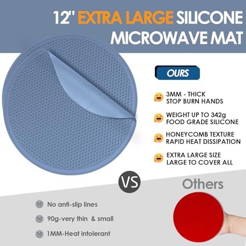 Image of Extra Large Silicone Microwave Mat & Food Cover- Mat as Bowl Holder, Cover for Splatter Guard, Multi-Use Silicone Trivet Pot Holders, Drying Mat for Kitchen Counter, 12 inchHeat Resistant Mat, Blue 2Pack