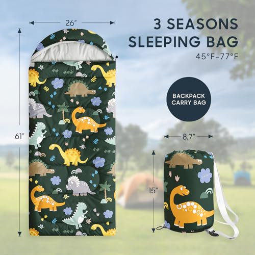 Wake In Cloud - Bolsa de Dormir Infantil para Niños, Ligera y Compacta para Camping en 3 Estaciones, Diseño Dinosaurio Jurásico miniatura 2