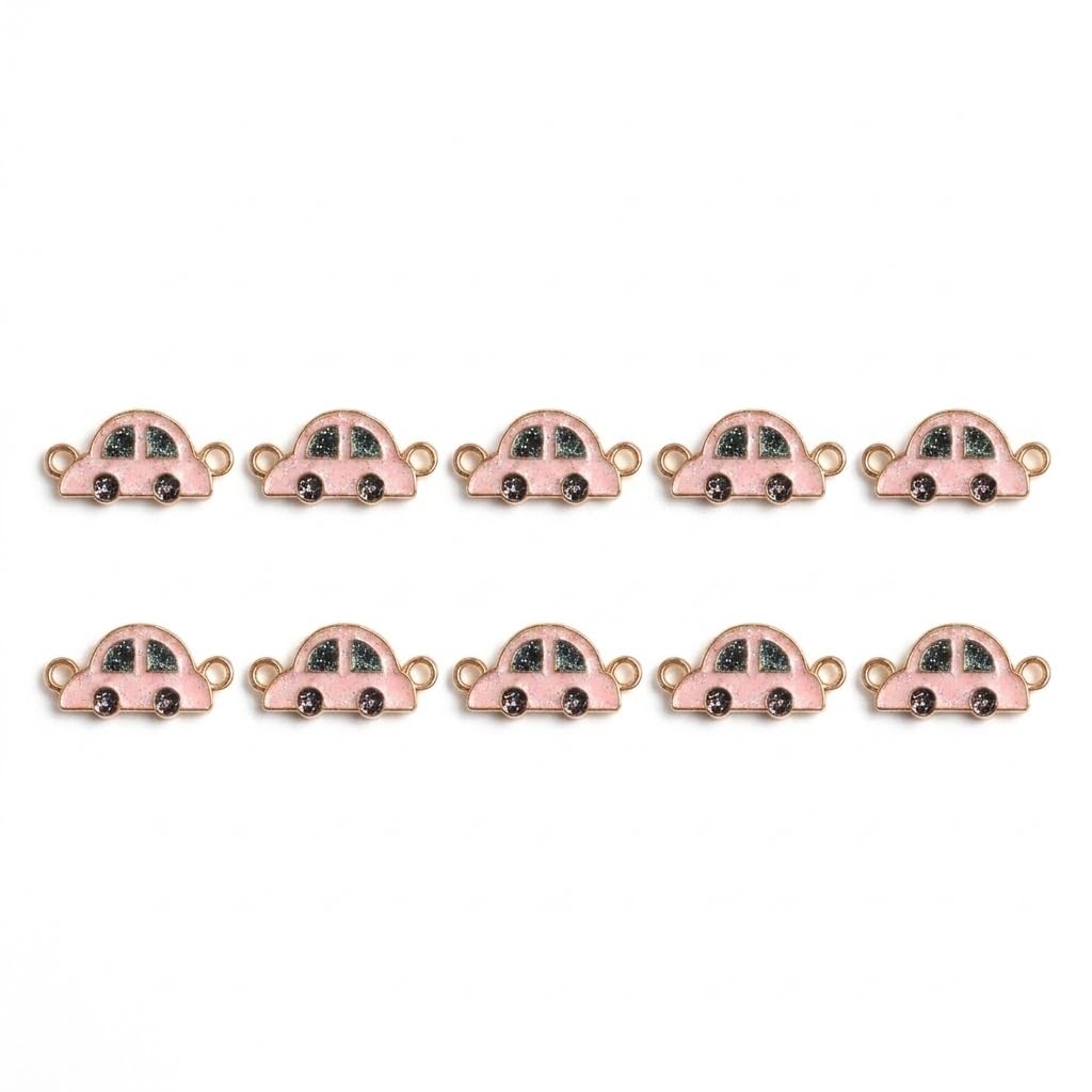 Cute Pink Car Charm Connector, Gold Plated Enamel, for Kids Raksha Bandhan Bracelet Making, DIY Jewellery, 10 Pieces-image-40