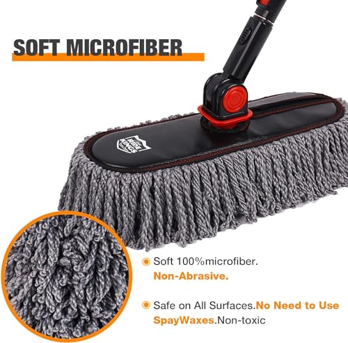 Image of Exterior Car Duster & Brush Kit - Washable Microfiber | Extendable auto mop sweeps pollen scratch-free. Combo with inside detailing tools. Reusable for SUV, truck, RV & home use.