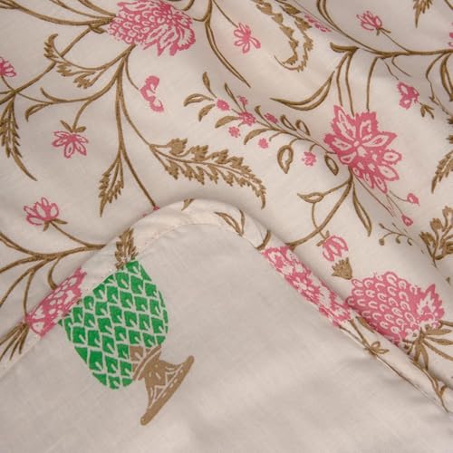 Image of HUESLAND 100% Cotton Reversible Dohar Single Bed Cotton | Soft Cambric Weave, Lightweight AC Blanket for Summer & All Weather Use | 56 x 89 inches, Botanical Fusion - Ivory, Brown & Pink