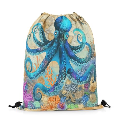 jejeloiu Octopus Drawstring Backpack Ocean Kraken Gym String Bag Blue Tentacles Sports Drawstring Sackpack Nautical Sea Animal Sealife Waterproof2