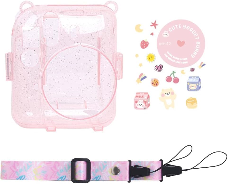 Pvc Transparent Glitter Camera Case Compatible With Fujifilm Instax Mini 12, Mini 12 Camera Case, Cute Pattern Shoulder Strap And Pattern Stickers (Blossom Pink)-image-28