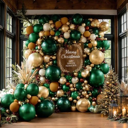Image of Emerald Green Gold Balloon Dark Green Forest Hunter Brown White Sand | Pearl Balloon Garland Kit for Birthday Wedding Anniversary Baby Shower Graduation Party Decorations