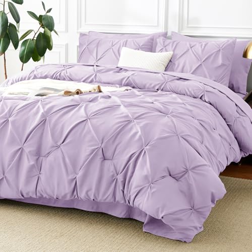 CozyLux Full Size Comforter Sets Lavender 7 Pieces Pintuck Bed in A Bag Full All Season Bed Set Gift for Family Pinch Pleat Bedding Sets with Comforter Sheets Pillowcases & Shams