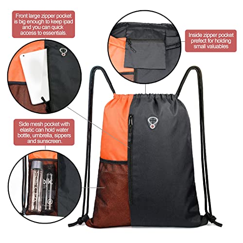 Image of BeeGreen Oranage Drawstring Backpack Bag With Water Bottle Pocket &Front Zippered Pocket Sport Gym String Backpack Sackpack For Men Women