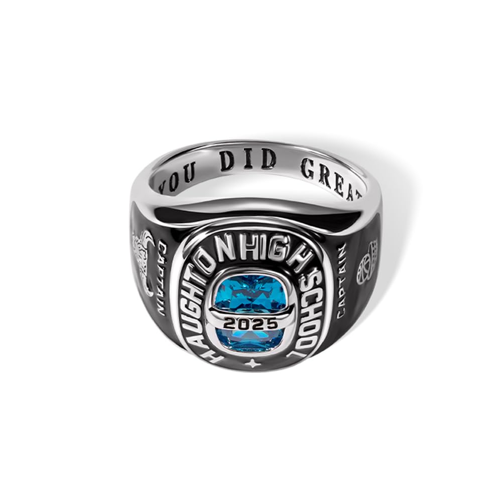 Anillo de clase cuadrado personalizado con símbolo de logotipo personalizado para hombres y mujeres, con texto personalizado, piedra natal, anillo de graduación universitaria para ella, anillo de