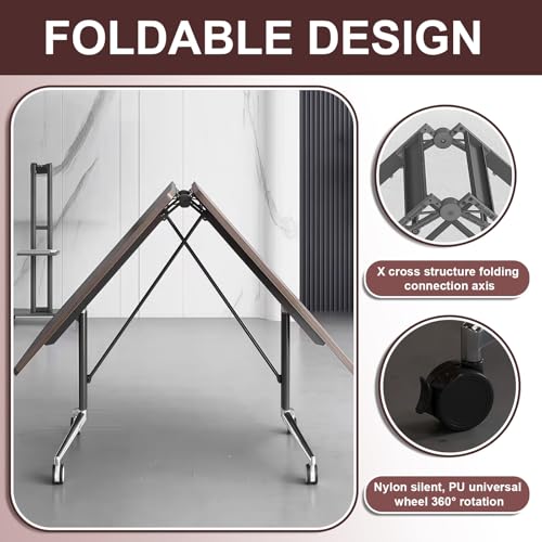 Modern Foldable Retractable Large Conference Table for 8-10 People, Wooden Meeting Table, Designed with Built-in Cable Holes and Foot Brake Pulley for Office Conference Room
