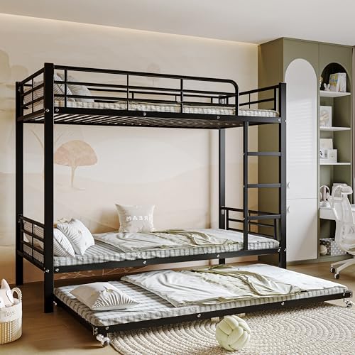HYUB Litera de metal 90 x 200 cm con cama nido y escalera, litera juvenil con somier y espacio de almacenamiento, marco de cama con protección anticaídas, color negro