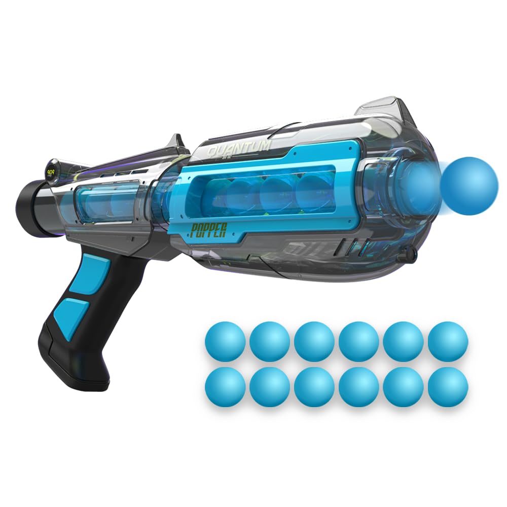 Popbro - Quantum Popper Blue (12 Foam Balls) – Aqua Clear Futuristic Design, 20ft Shooting Range, Toy Blaster for Kids & Adults (Blue 12x)