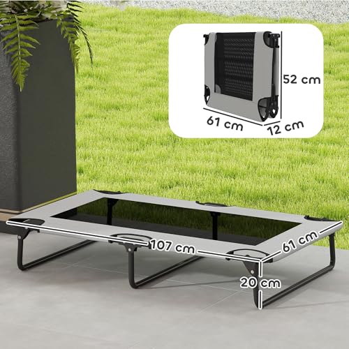 PawHut Hundeliege Outdoor, Erhöhtes Hundebett für große Hunde, klappbar Haustierliege mit Mesh Stahlrahmen Füßen, Haustierbett für Draußen Camping, 107x61x20 cm, Hellgrau