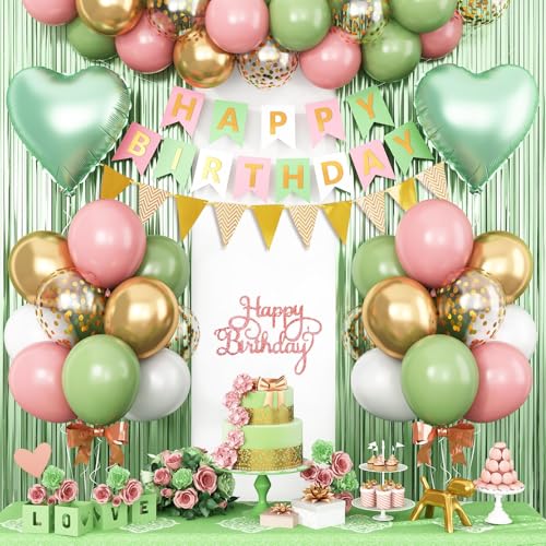 Image of Sage Green Pink Birthday Decorations,Olive Green Pink Birthday Balloons Set