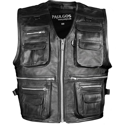 PAULGOS Lederweste Weste Kutte Leder Biker Rocker Motorrad Clubweste Bikerweste Motorradweste Schwarz BW11 (DE/NL/SE/PL, Alphanumerisch, S, Regular, Regular, Schwarz)
