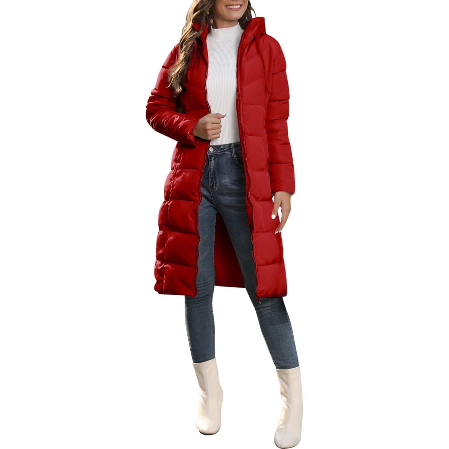 Lockenstab Women Winter Warm Quilted Puffer Outerwear Parka Coat Windproof Long Down Hooded Jacket(Red,16)