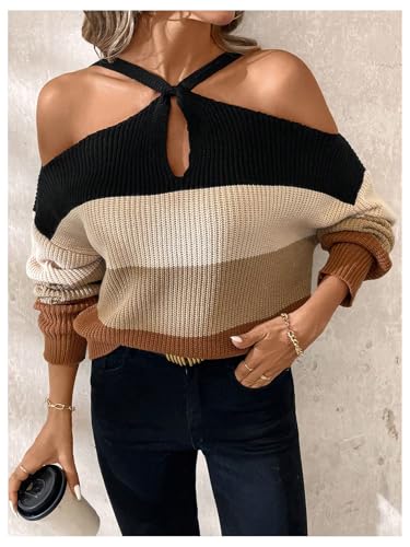 SOLY HUX Fall Sweaters for Women Color Block Cold Shoulder Long Sleeve Pullover Sweater Knit Tops4