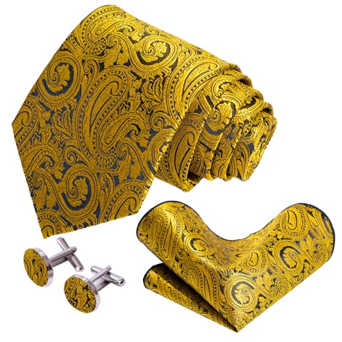 Image of 5PCS Tie and Pocket Square for Men, Silk Necktie and Handkerchief Cufflinks with Gold Ring and Lapel Pin Set