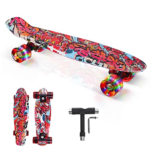 BRGOOD Skateboard for Kids Ages 6-12, Skateboards for Girls Longboard Skateboards 22'' Mini Cruiser Skateboards with LED Wheels, Kids Skateboards for Beginners Girls Boys Teens Youths (Red)